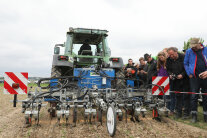 Traktor mit digitalem Hackgerät fährt an Zuschauern vorbei © Birgit Gleixner LfL